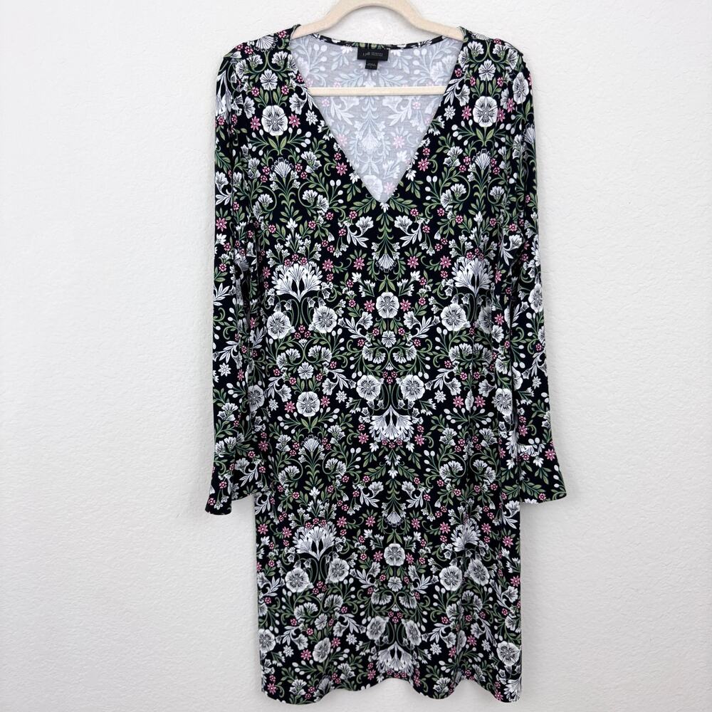 J. Jill Womens Wearever Collect Dress Size L Floral Bell Sleeve Stretch Black
